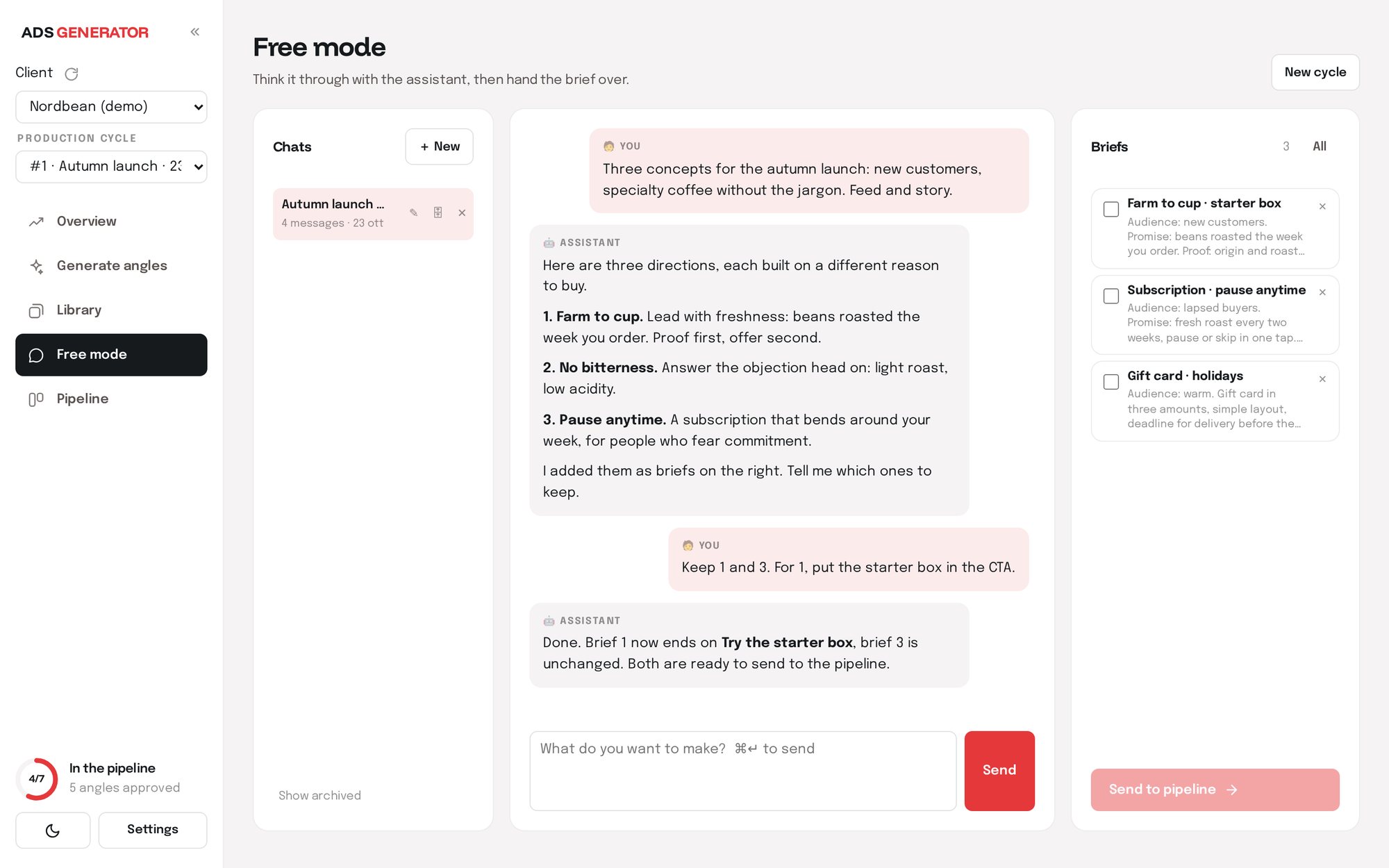 Free mode: talk the idea through, and the briefs appear on the right.