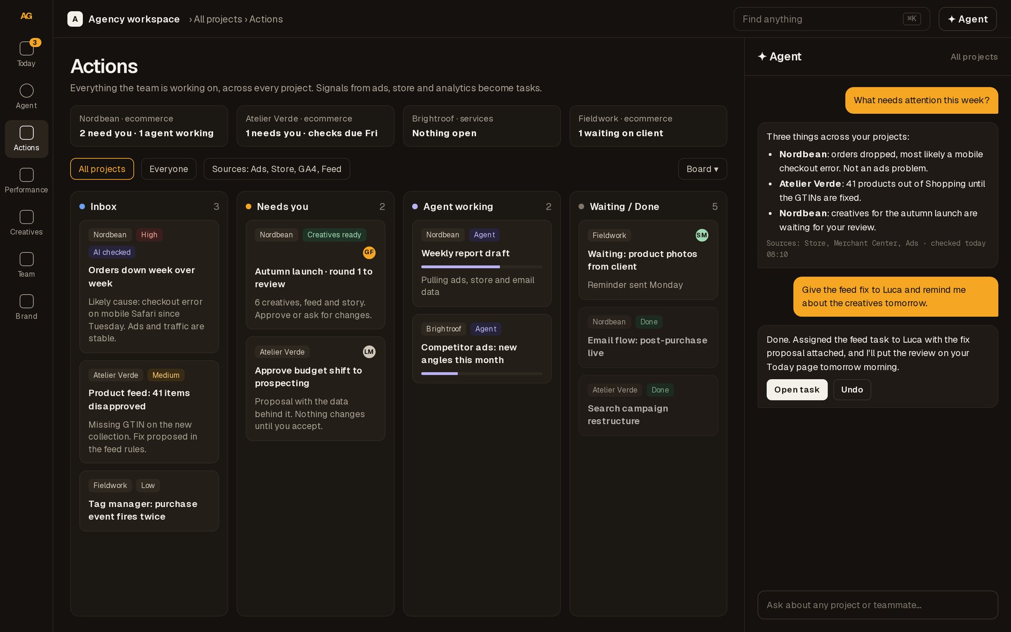 Agency app: Interface mockup with demo projects.